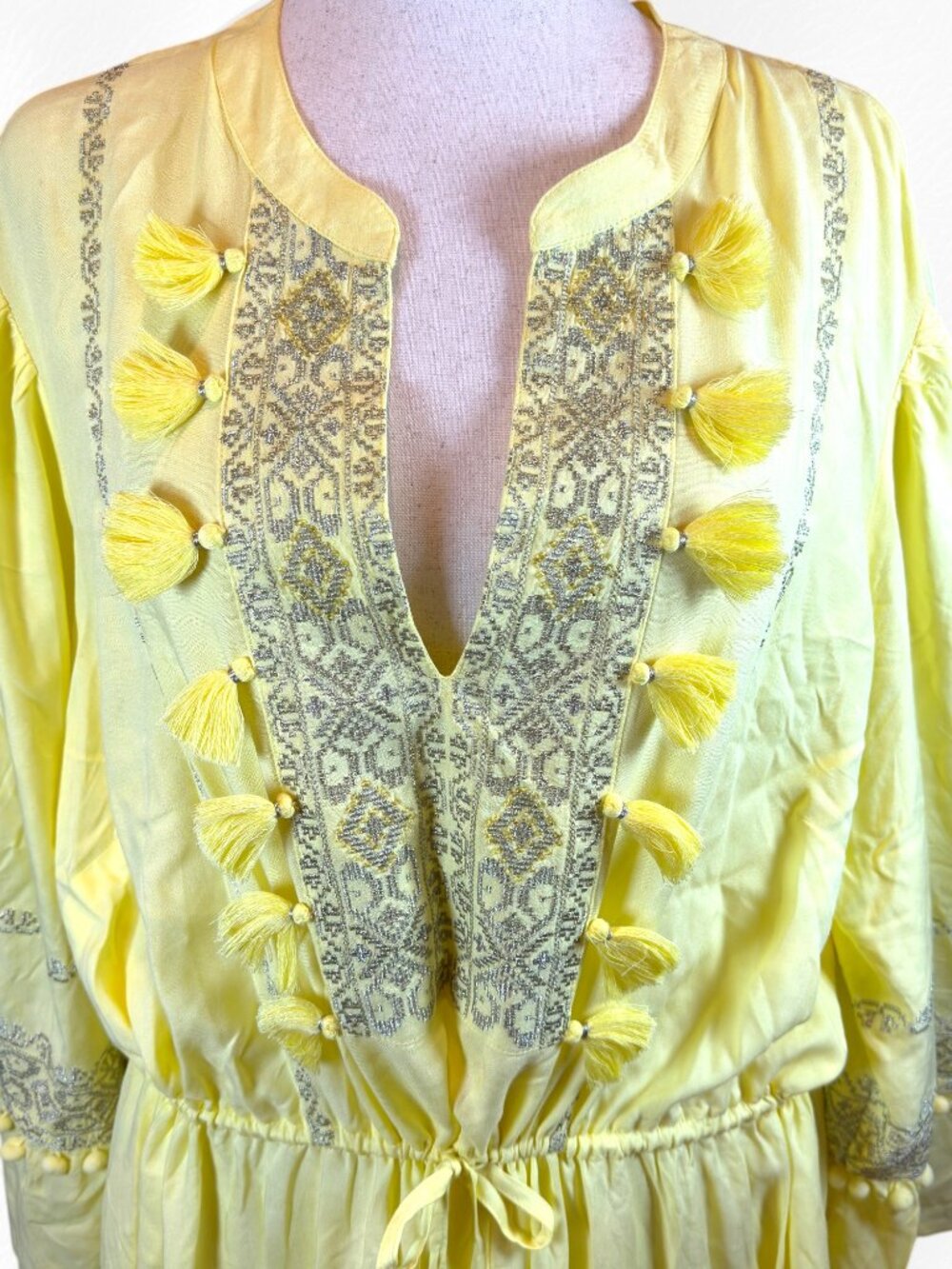 Monsoon XXL NWT Yellow Boho Festival Dress Metallic Embroidered Pom Pom Tassels - Picture 4 of 15